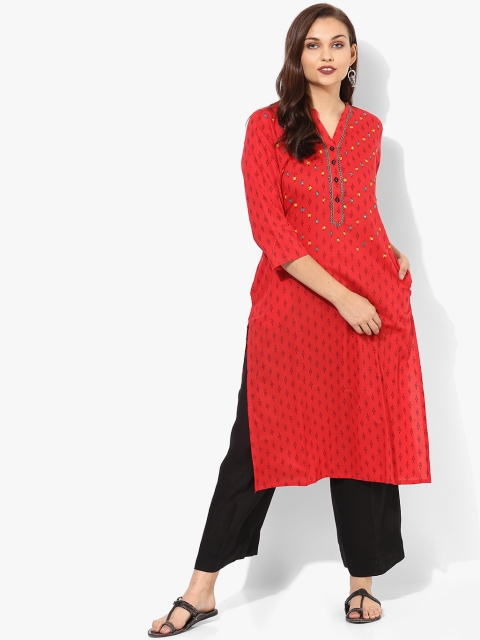

Printed Mandarin Collar Straight Fit Kurta With Embroidery Highlight And 3/4th Sleeves, Red
