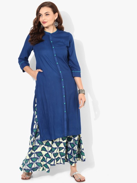

Band Collar 3/4Th Sleeves Staright Front Open Placket Drapy Kurta With Printed Panelled Palazzo, Navy blue