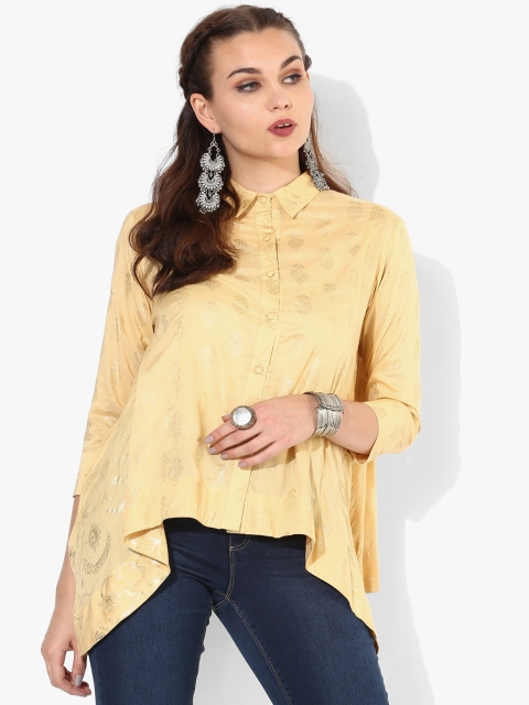 

Gold Foil Printed Shirt Collar High Low Top With Full Placket And Three-Fourth Sleeves, Yellow
