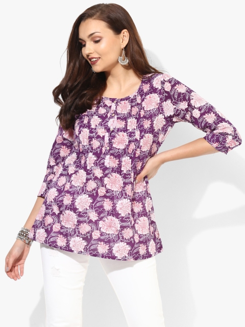 

Round Neck 3/4Th Sleeves Floral Printed Top, Purple