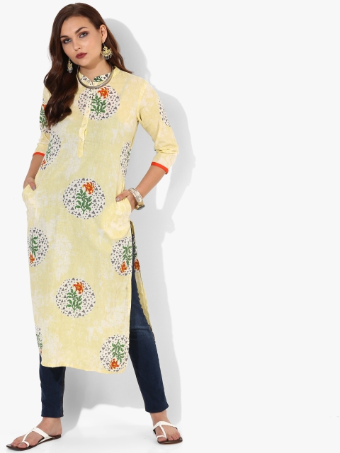 

Printed Mandarin Collar Straight Fit Kurta With 3/4Th Sleeves, Yellow