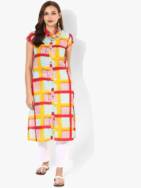 

Button Down Kurta With Shirt Collar And 3/4th Sleeves, Multi