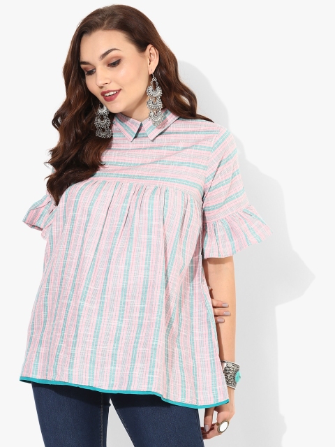 

Shirt Collar Elbow Sleeves Yarn Dyed Top, Pink