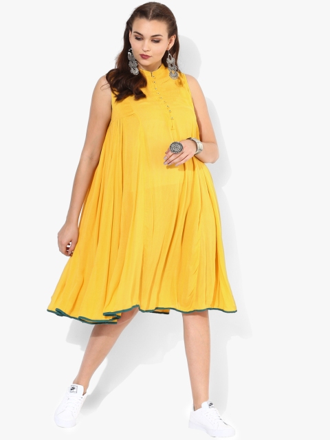 

Solid Band Collar Flared Tunic With Button Placket And Gahther Detail, Yellow