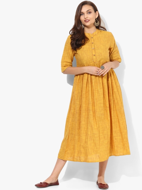 

Textured Band Collor Flared Kurta With 3/4Th Sleeves, Mustard
