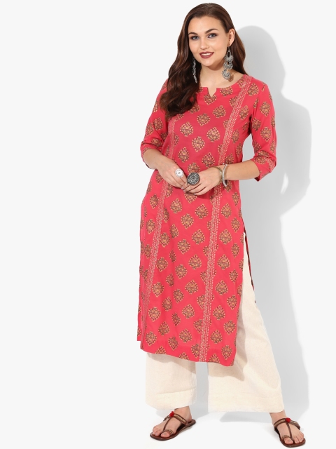 

Printed Round Neck Straight Fit Kurta With 3/4Th Sleeves, Red