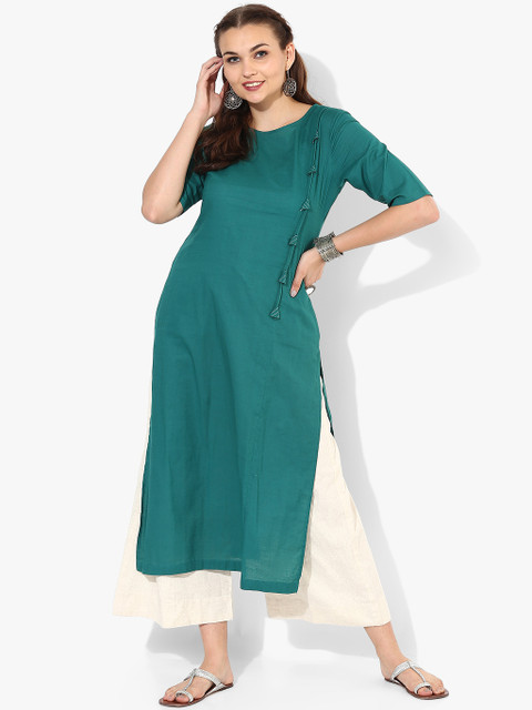 

Solid Round Neck Kurta With Tassels Detail And Elbow Length Sleeves, Green