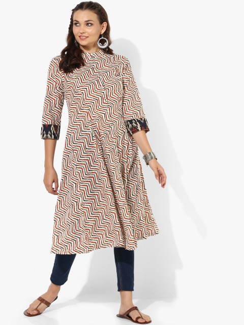 

Off White Printed Band Collar A Line Kurta With 3/4Th Sleeves And Full Button Placket