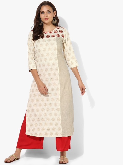 

Printed Shaped Hem Round Neck Straight Fit Kurta With 3/4 Rolled Up Sleeves, Cream