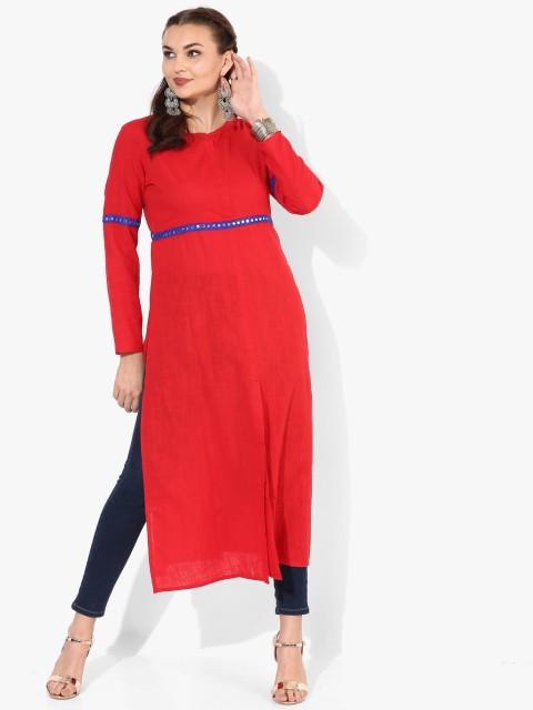 

Embroidered Round Neck Flared Kurta With Full Sleeves, Red