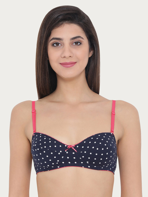 

Clovia Cotton Non-Padded Non-Wired Polka Print Multiway Balconette Bra, Navy blue