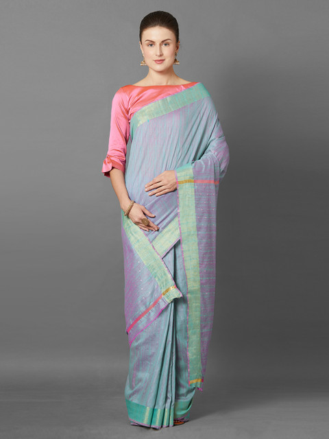 

Mitera Grey & Purple Silk Blend Woven Design Banarasi Saree