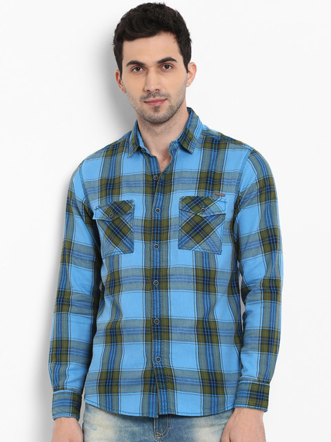 

Mufti Men Blue & Green Slim Fit Checked Casual Shirt