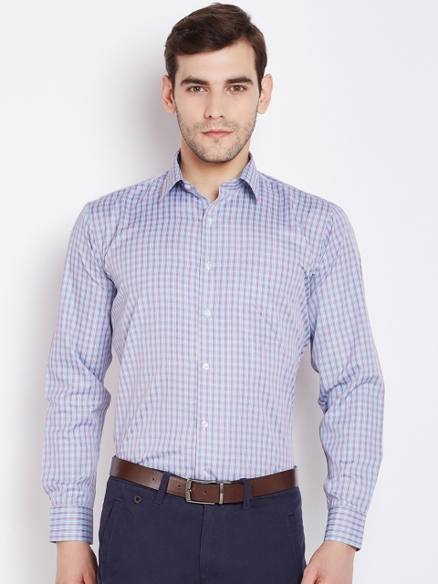 

English Navy Men Pink & Blue Slim Fit Checked Formal Shirt