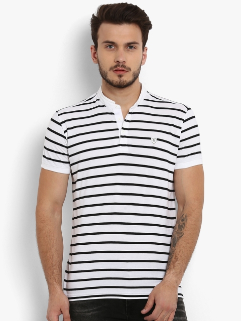 

Mufti Men White & Black Striped Slim Fit Mandarin Collar T-shirt