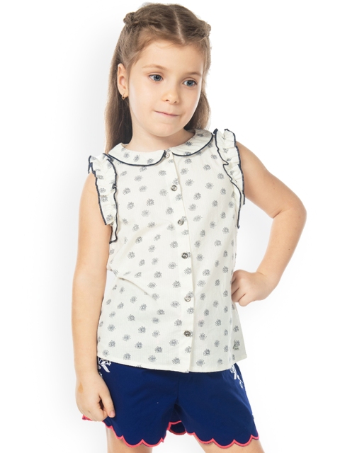 

Cherry Crumble Girls White Printed Shirt Style Pure Cotton Top