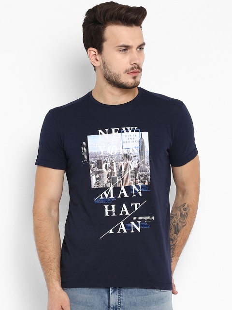 

Mufti Men Navy Blue Printed Round Neck Pure Cotton T-shirt