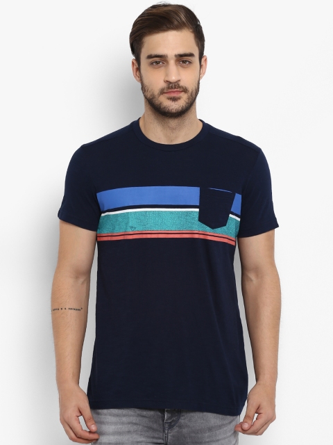 

Mufti Men Navy Blue Striped Round Neck Pure Cotton T-shirt