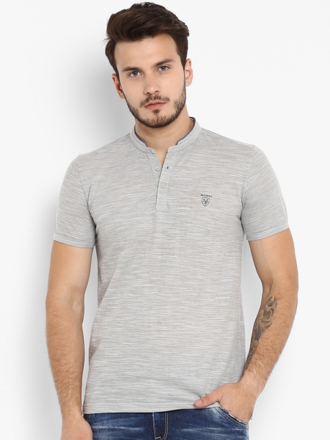 

Mufti Men Grey Self Design Mandarin Collar T-shirt