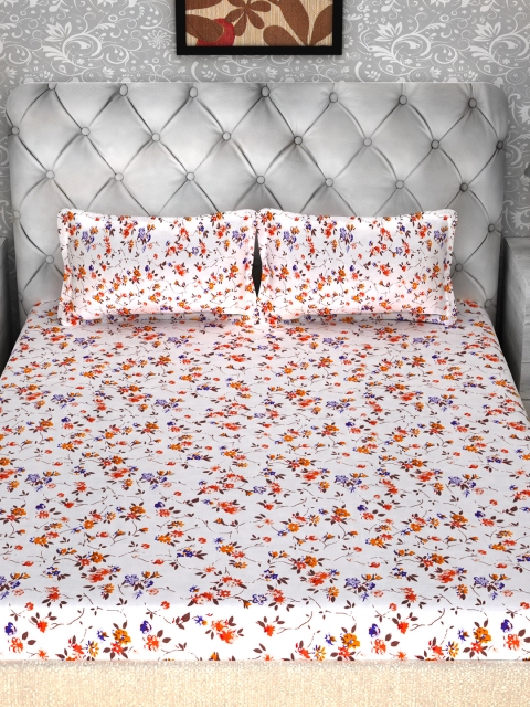 

Story@home White Orange Floral Flat 186TC Cotton 1 Double Bedsheet with 2 Pillow Covers