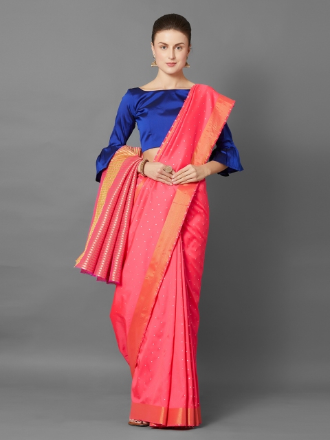 

Mitera Pink & Gold-Coloured Silk Blend Woven Design Banarasi Saree