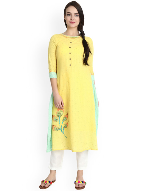 

Prakhya Women Yellow & Blue Embroidered A-Line Kurta