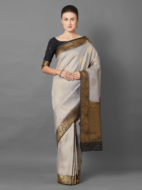 

Mitera Grey & Gold-Coloured Woven Design Kanjeevaram Saree