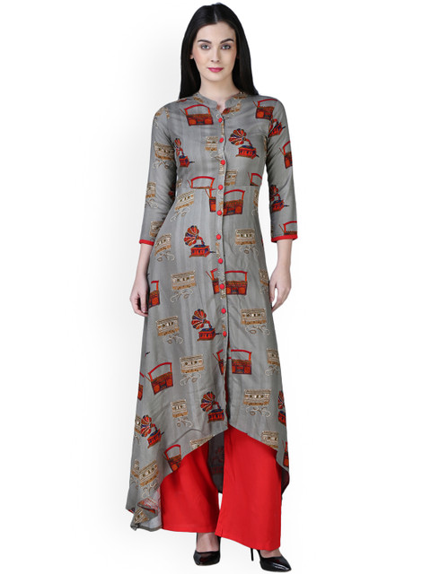 

Kurti's by Menka Women Grey & Red Printed A-Line Kurta