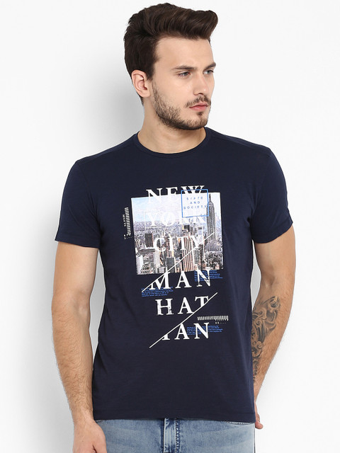 

Mufti Men Navy Blue Printed Round Neck T-shirt