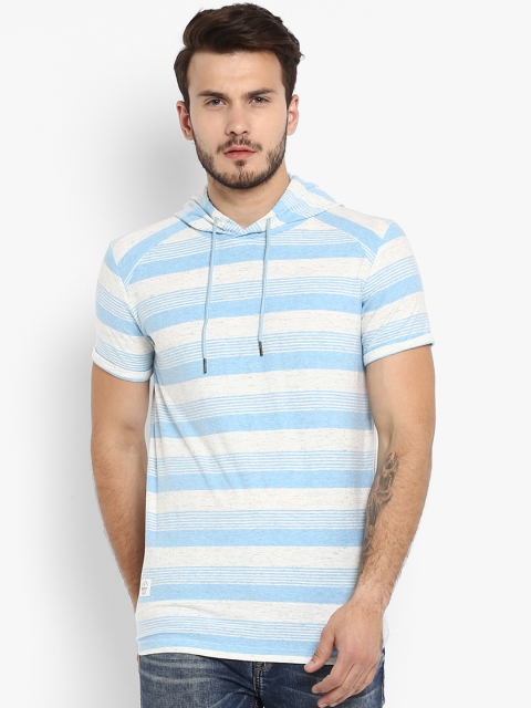 

Mufti Men Blue & White Striped Slim Fit Hooded T-shirt
