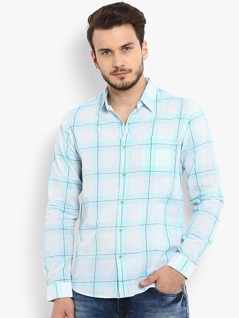 

Mufti Men Turquoise Blue Slim Fit Checked Casual Shirt