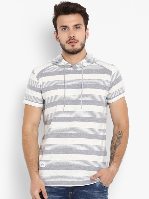 

Mufti Men Grey & White Striped Slim Fit Hooded T-shirt