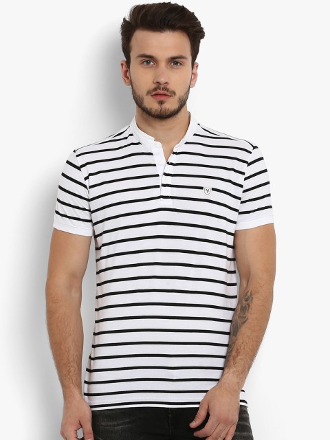 

Mufti Men White & Black Striped Slim Fit Mandarin Collar T-shirt