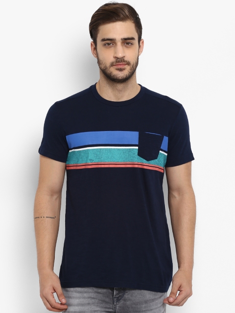 

Mufti Men Navy Blue Striped Round Neck T-shirt