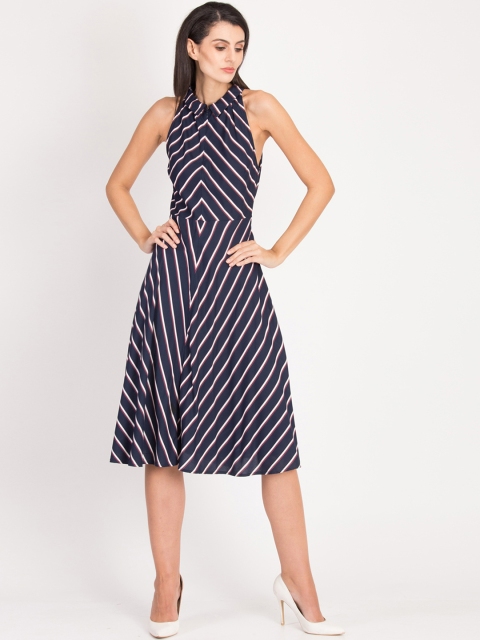 

Magzayra Women Navy Blue Striped Fit and Flare Dress