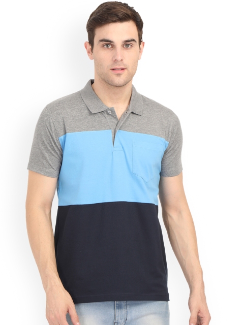 

WEXFORD Men Blue & Grey Colourblocked Polo Collar T-shirt