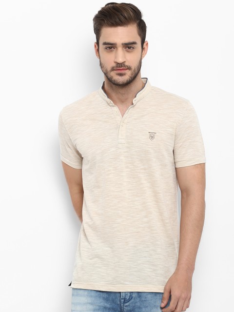

Mufti Men Beige Self Design Mandarin Collar T-shirt