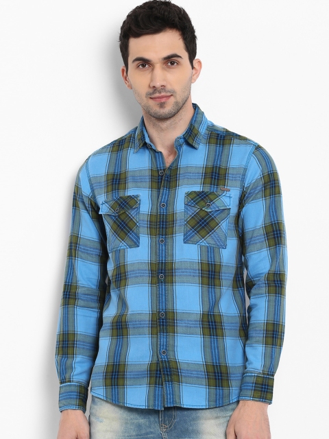 

Mufti Men Blue & Green Slim Fit Checked Casual Shirt