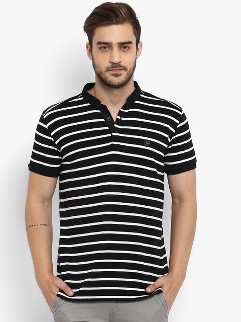 

Mufti Men Black & White Striped Slim Fit Mandarin Collar T-shirt
