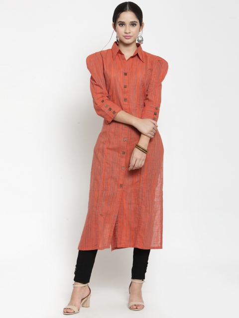 

Get Glamr Women Rust Orange Printed Puff Sleeves Straight Kurta