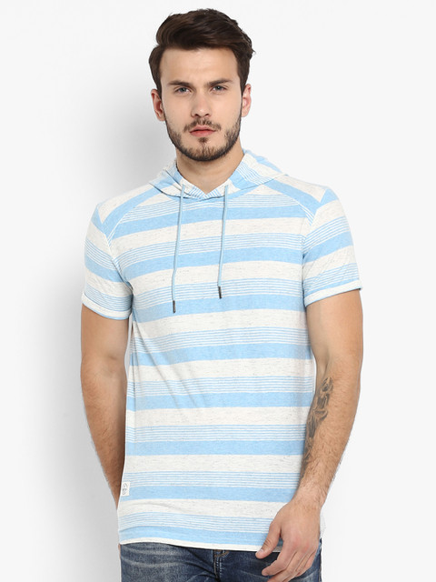 

Mufti Men Blue & White Striped Slim Fit Hooded T-shirt