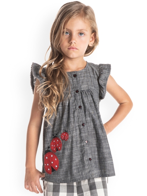 

Cherry Crumble Girls Grey Printed A-Line Pure Cotton Top