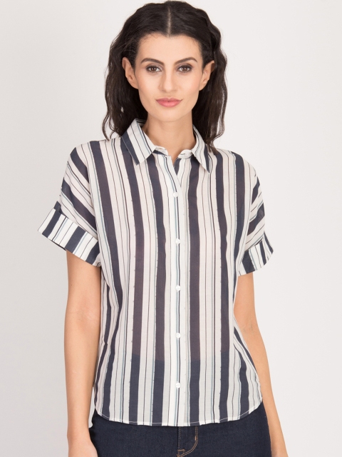 

Magzayra Women Navy Blue & White Regular Fit Striped Casual Shirt