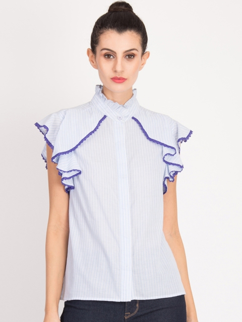 

Magzayra Women White & Blue Regular Fit Striped Casual Shirt