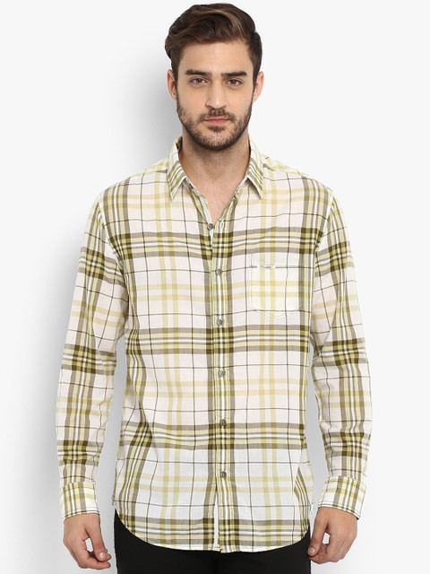 

Mufti Men White & Lime Green Slim Fit Checked Casual Shirt