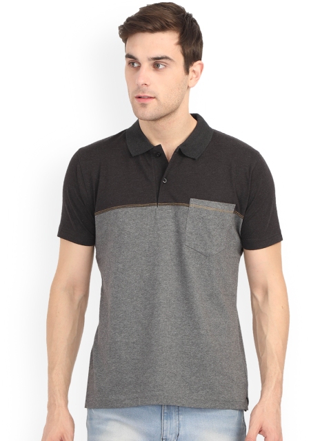 

WEXFORD Men Black Grey Colourblocked Polo Collar Pure Cotton T-shirt