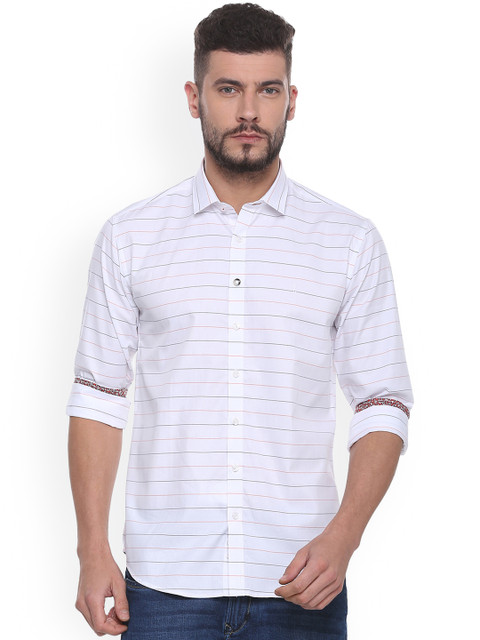 

V Dot Men White Slim Fit Striped Casual Shirt