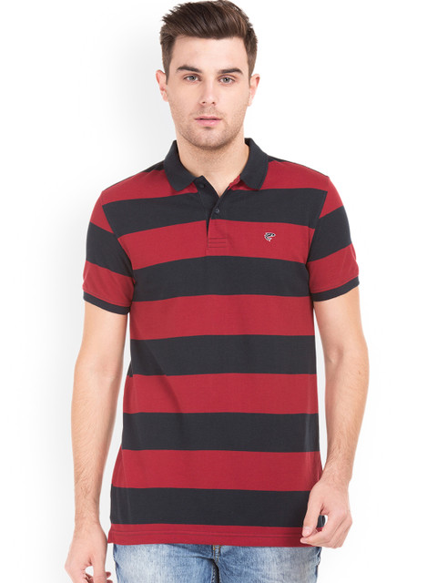 

Ruggers Men Red & Navy Blue Striped Polo Collar T-shirt