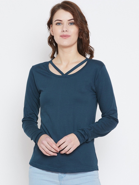 

The Dry State Women Teal Blue Solid Round Neck T-shirt