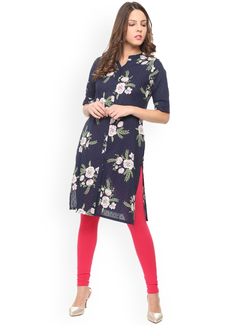 

People Women Navy Blue Printed Straight Kurta